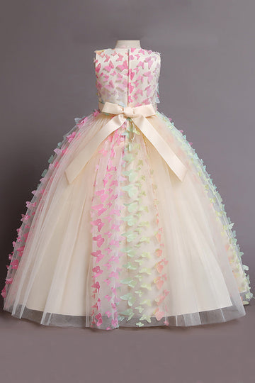 Beżowa Sukienka Dziewczęca Bez Rękawów Z Motylami